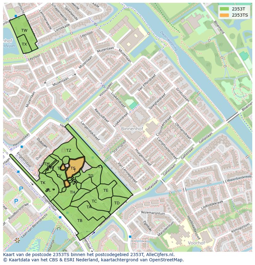 Afbeelding van het postcodegebied 2353 TS op de kaart.
