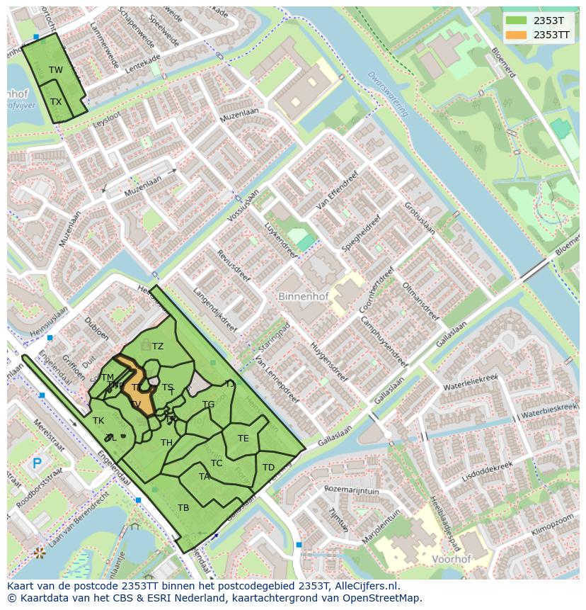 Afbeelding van het postcodegebied 2353 TT op de kaart.