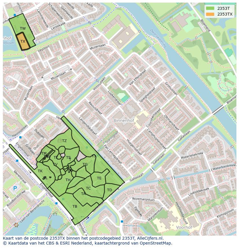 Afbeelding van het postcodegebied 2353 TX op de kaart.