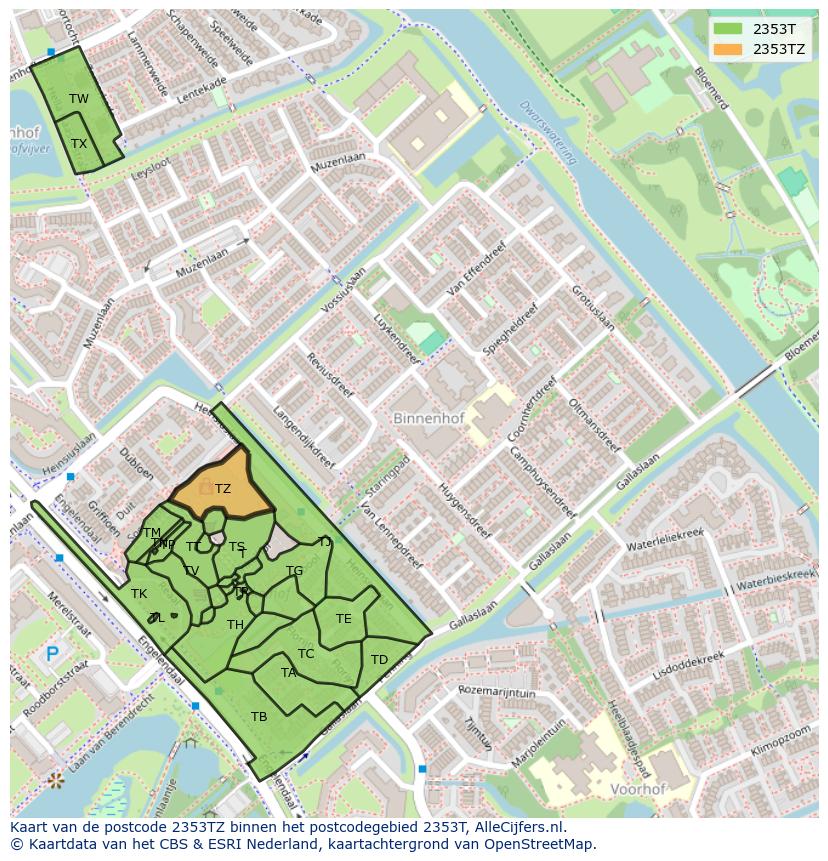 Afbeelding van het postcodegebied 2353 TZ op de kaart.