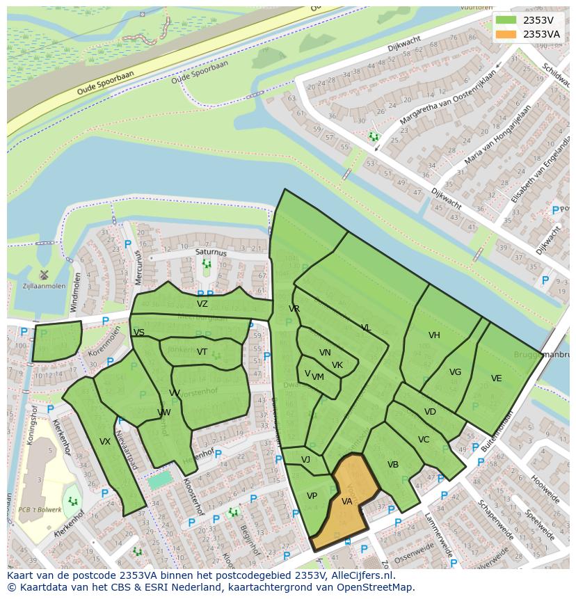Afbeelding van het postcodegebied 2353 VA op de kaart.