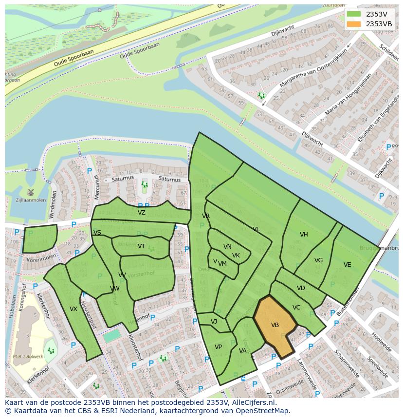 Afbeelding van het postcodegebied 2353 VB op de kaart.