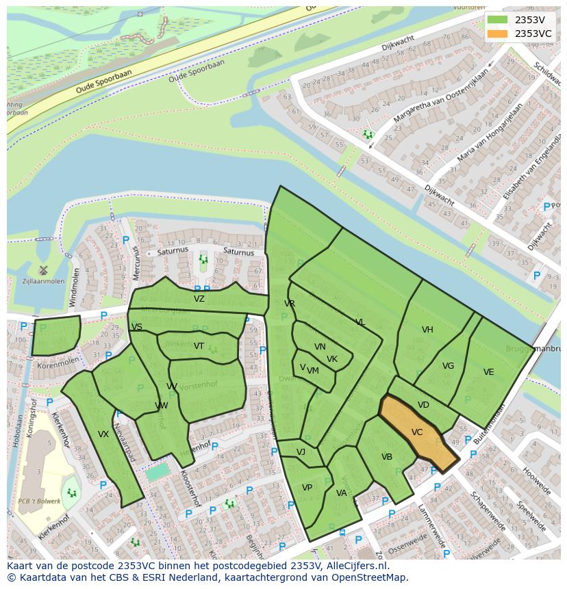 Afbeelding van het postcodegebied 2353 VC op de kaart.