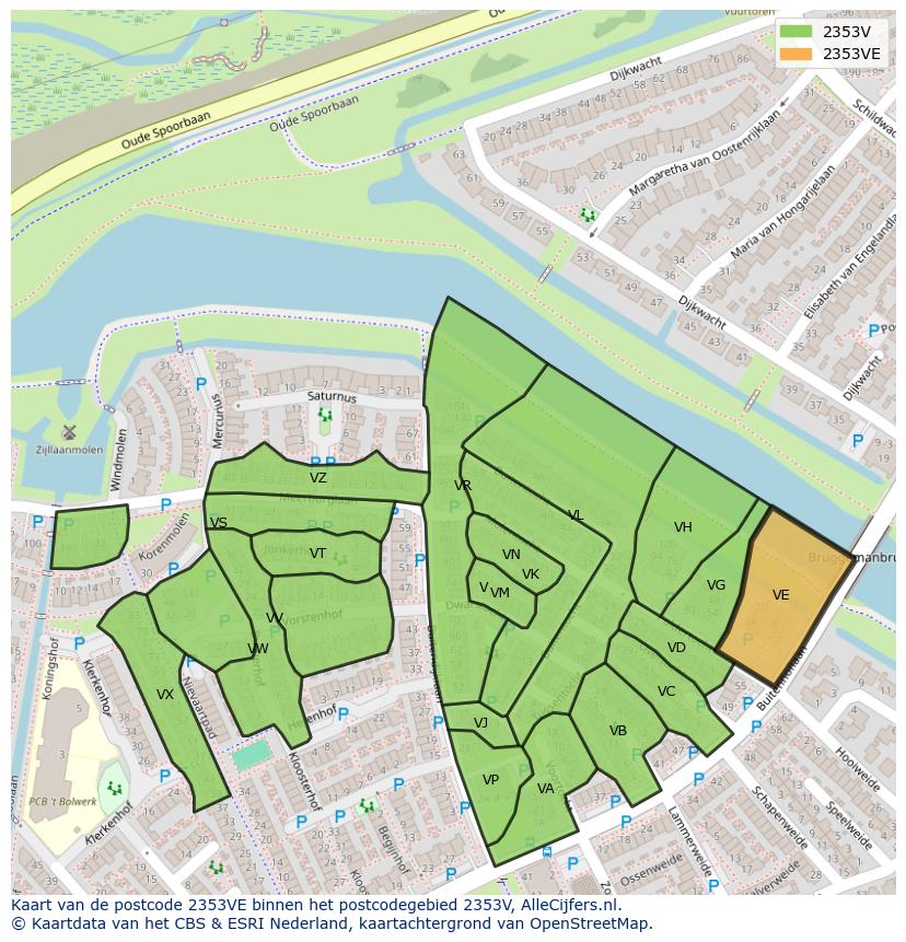 Afbeelding van het postcodegebied 2353 VE op de kaart.