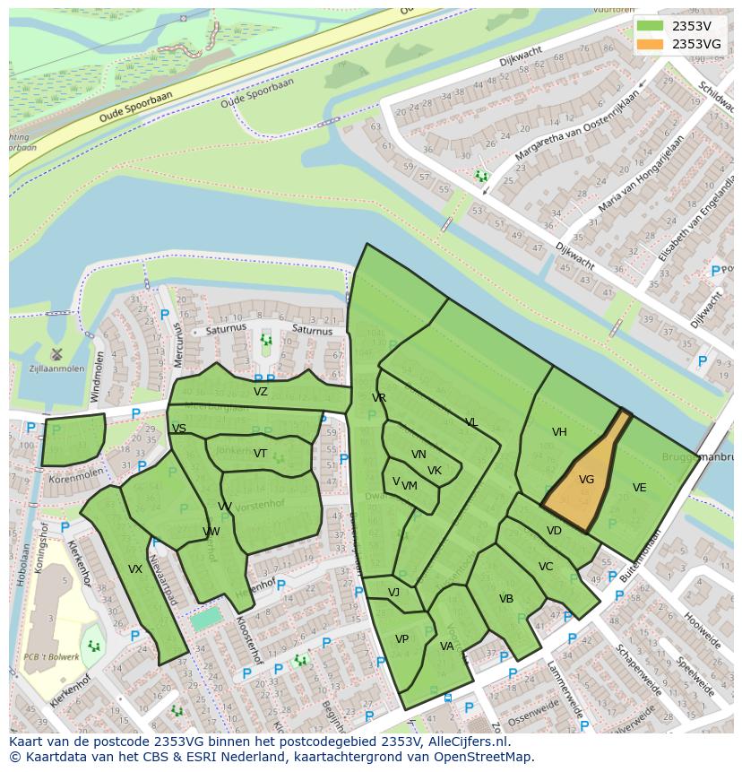 Afbeelding van het postcodegebied 2353 VG op de kaart.