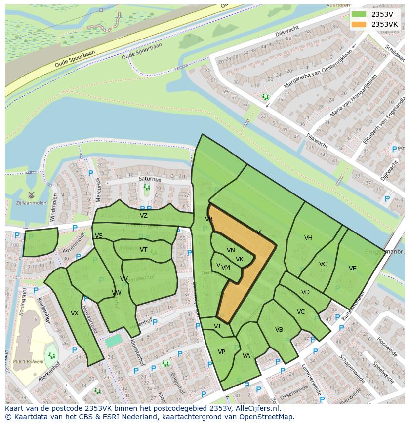 Afbeelding van het postcodegebied 2353 VK op de kaart.