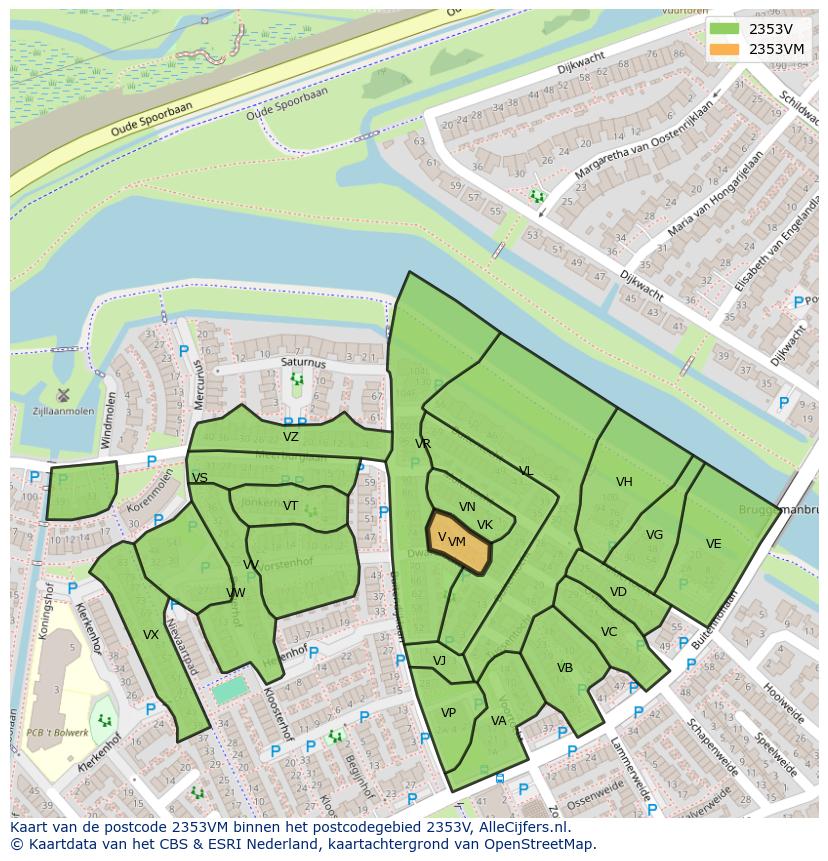 Afbeelding van het postcodegebied 2353 VM op de kaart.