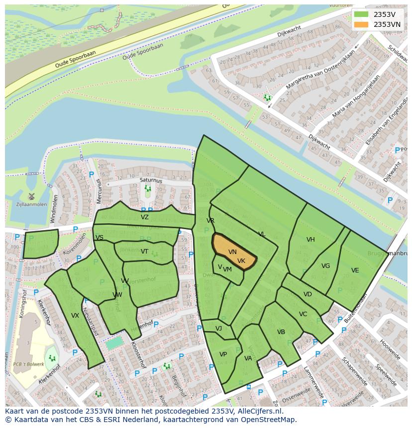 Afbeelding van het postcodegebied 2353 VN op de kaart.