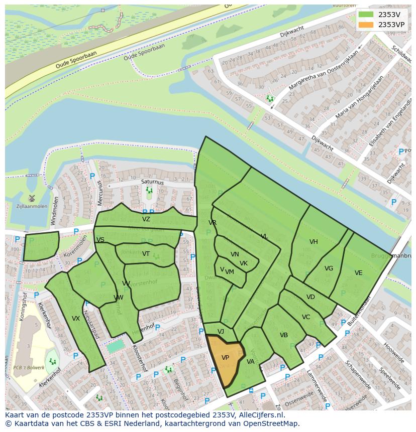 Afbeelding van het postcodegebied 2353 VP op de kaart.