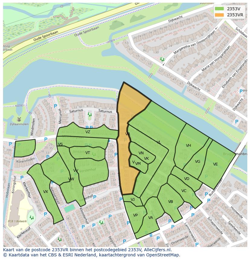 Afbeelding van het postcodegebied 2353 VR op de kaart.