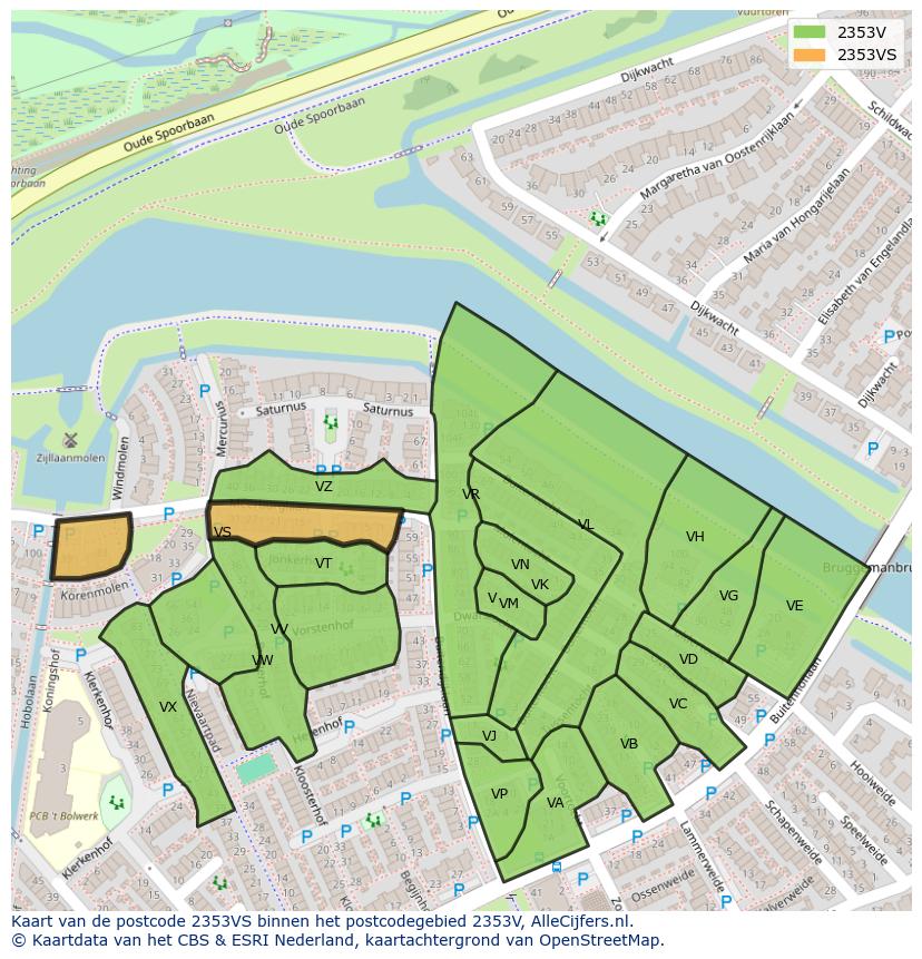 Afbeelding van het postcodegebied 2353 VS op de kaart.