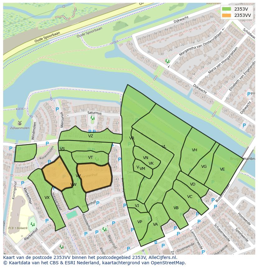 Afbeelding van het postcodegebied 2353 VV op de kaart.