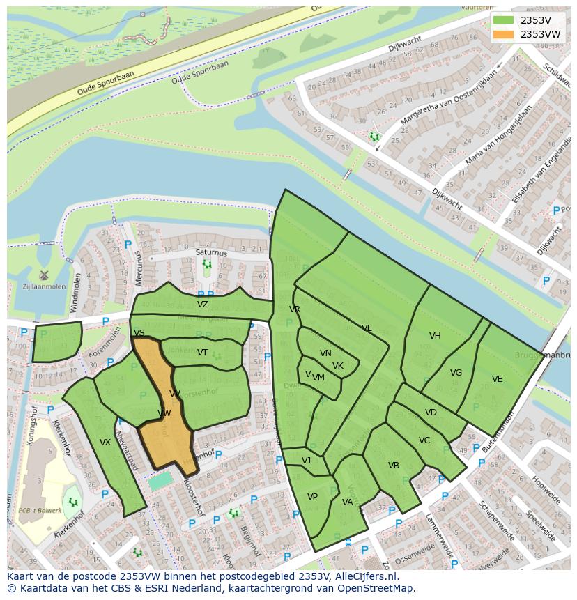 Afbeelding van het postcodegebied 2353 VW op de kaart.