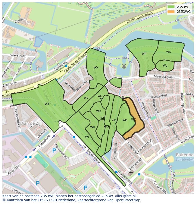 Afbeelding van het postcodegebied 2353 WC op de kaart.