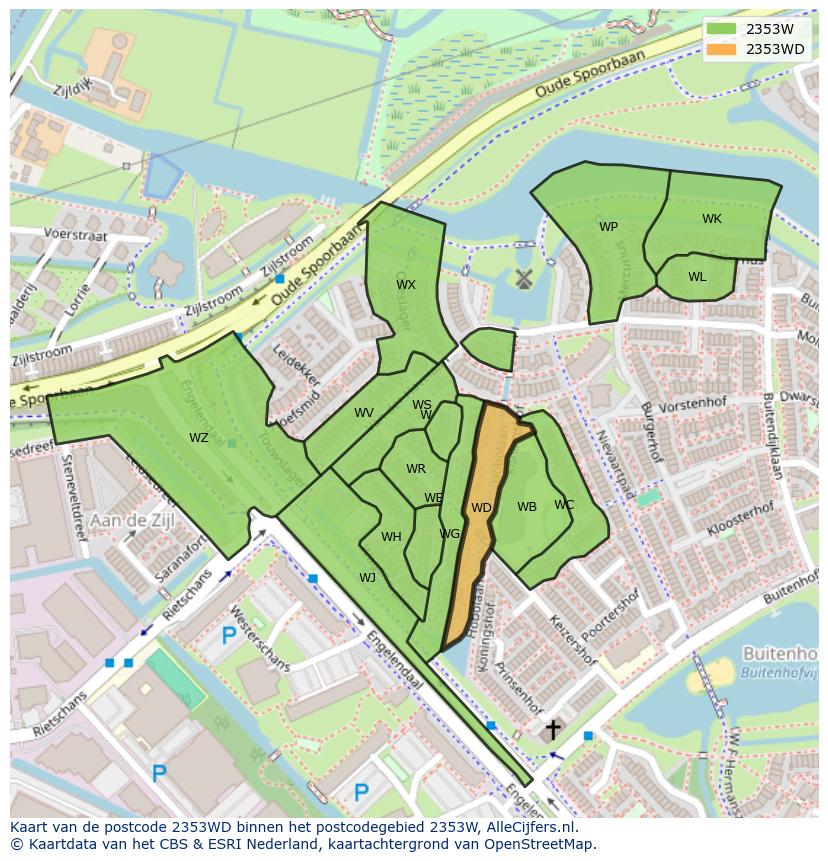 Afbeelding van het postcodegebied 2353 WD op de kaart.