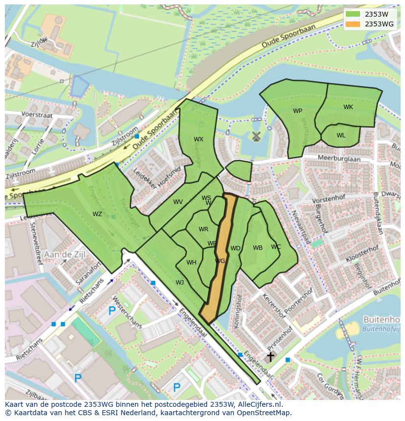 Afbeelding van het postcodegebied 2353 WG op de kaart.