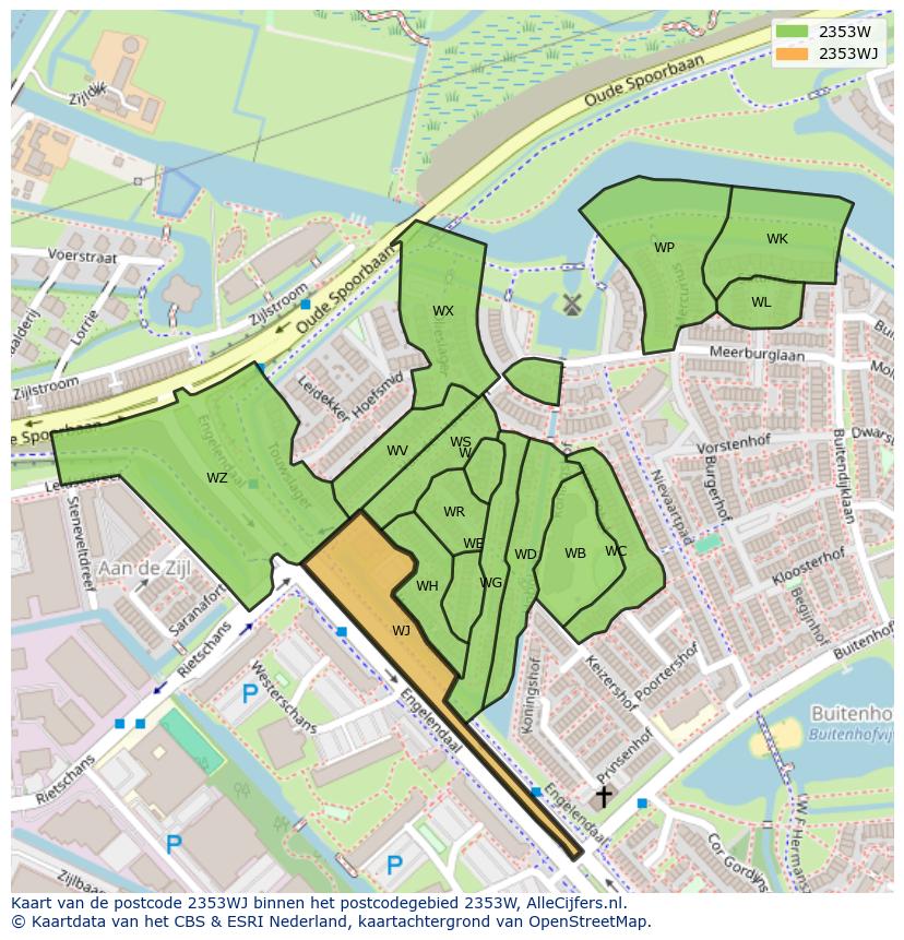 Afbeelding van het postcodegebied 2353 WJ op de kaart.