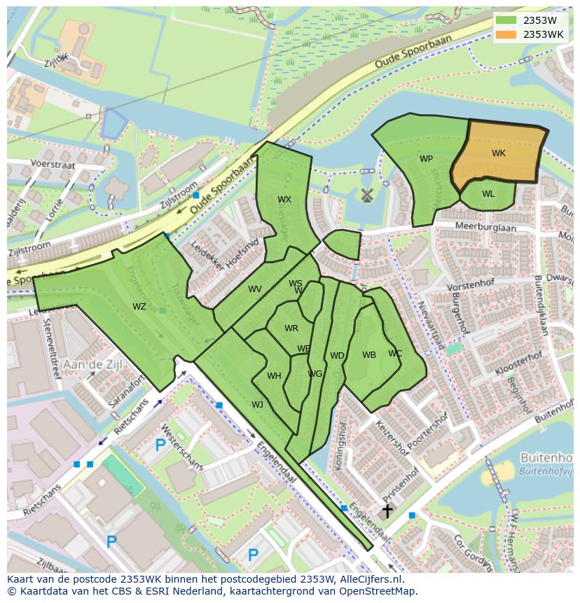 Afbeelding van het postcodegebied 2353 WK op de kaart.