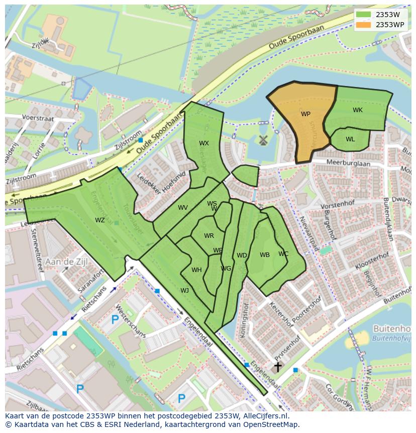 Afbeelding van het postcodegebied 2353 WP op de kaart.