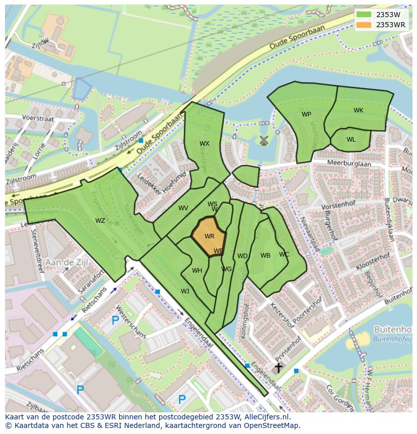 Afbeelding van het postcodegebied 2353 WR op de kaart.