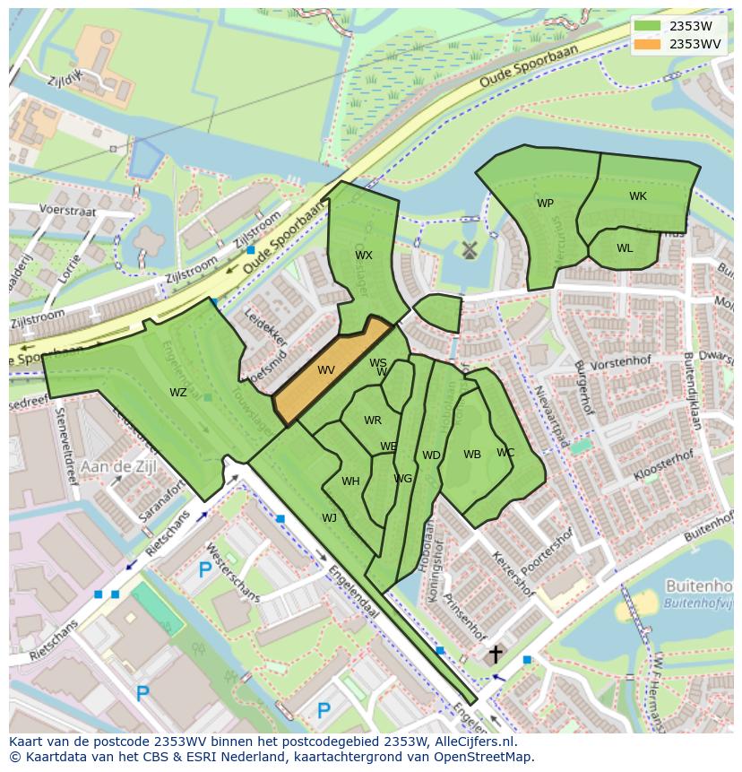 Afbeelding van het postcodegebied 2353 WV op de kaart.