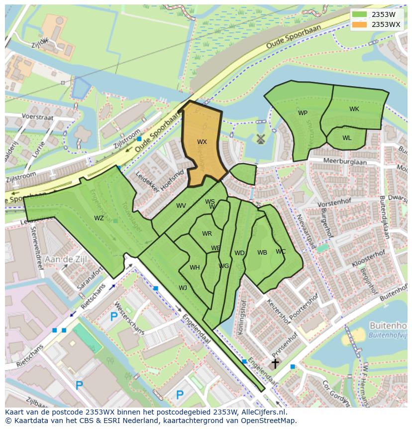 Afbeelding van het postcodegebied 2353 WX op de kaart.