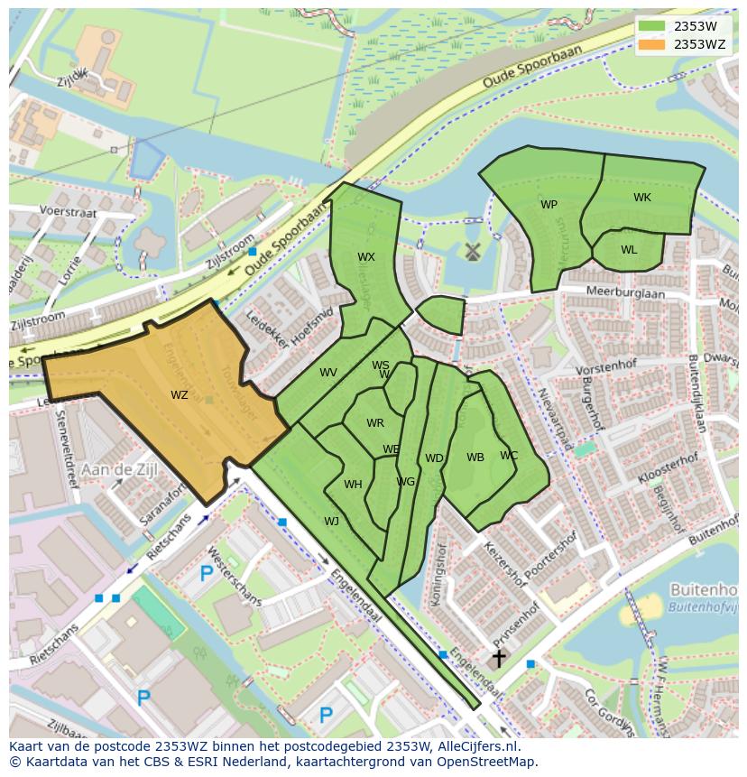 Afbeelding van het postcodegebied 2353 WZ op de kaart.