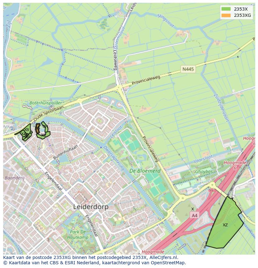 Afbeelding van het postcodegebied 2353 XG op de kaart.