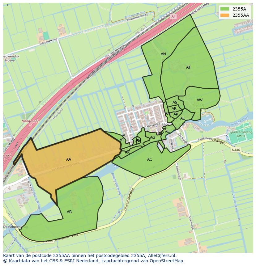 Afbeelding van het postcodegebied 2355 AA op de kaart.