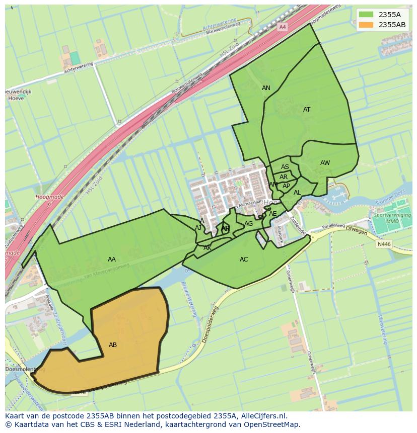Afbeelding van het postcodegebied 2355 AB op de kaart.