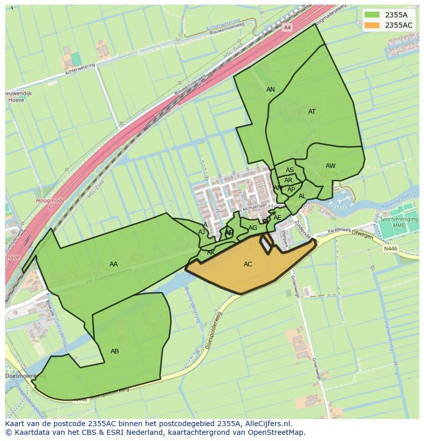Afbeelding van het postcodegebied 2355 AC op de kaart.