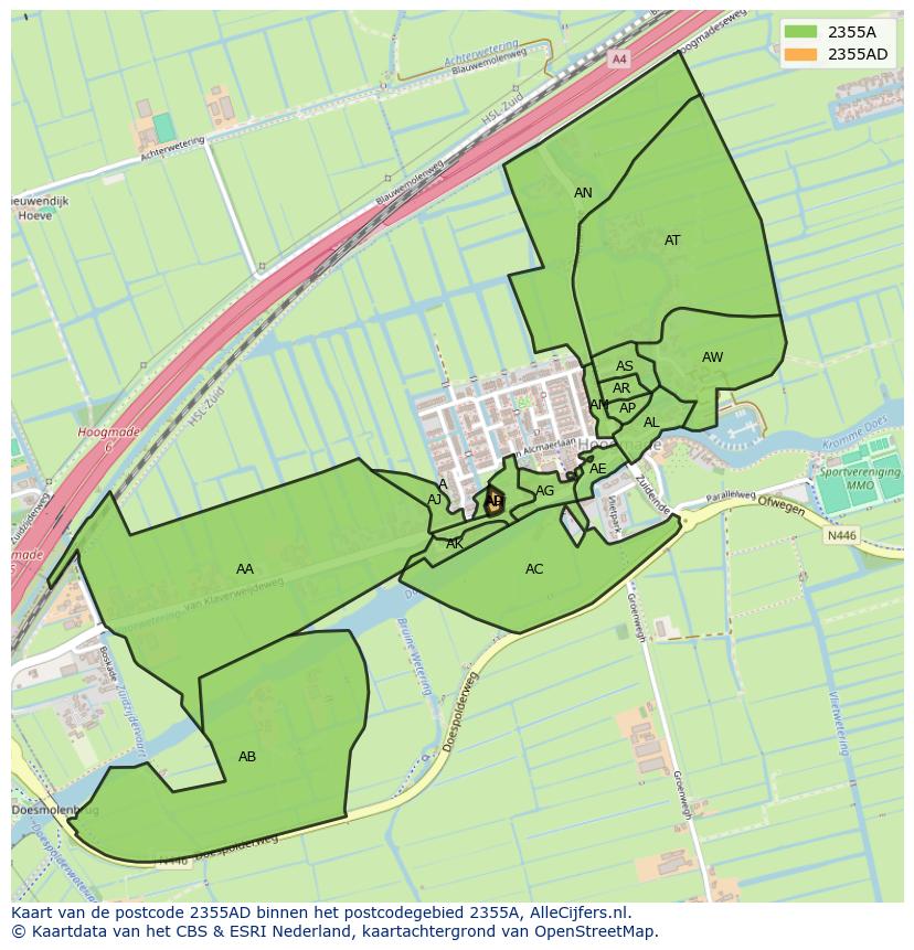 Afbeelding van het postcodegebied 2355 AD op de kaart.