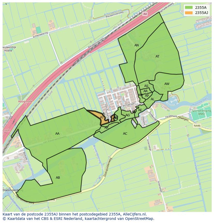 Afbeelding van het postcodegebied 2355 AJ op de kaart.