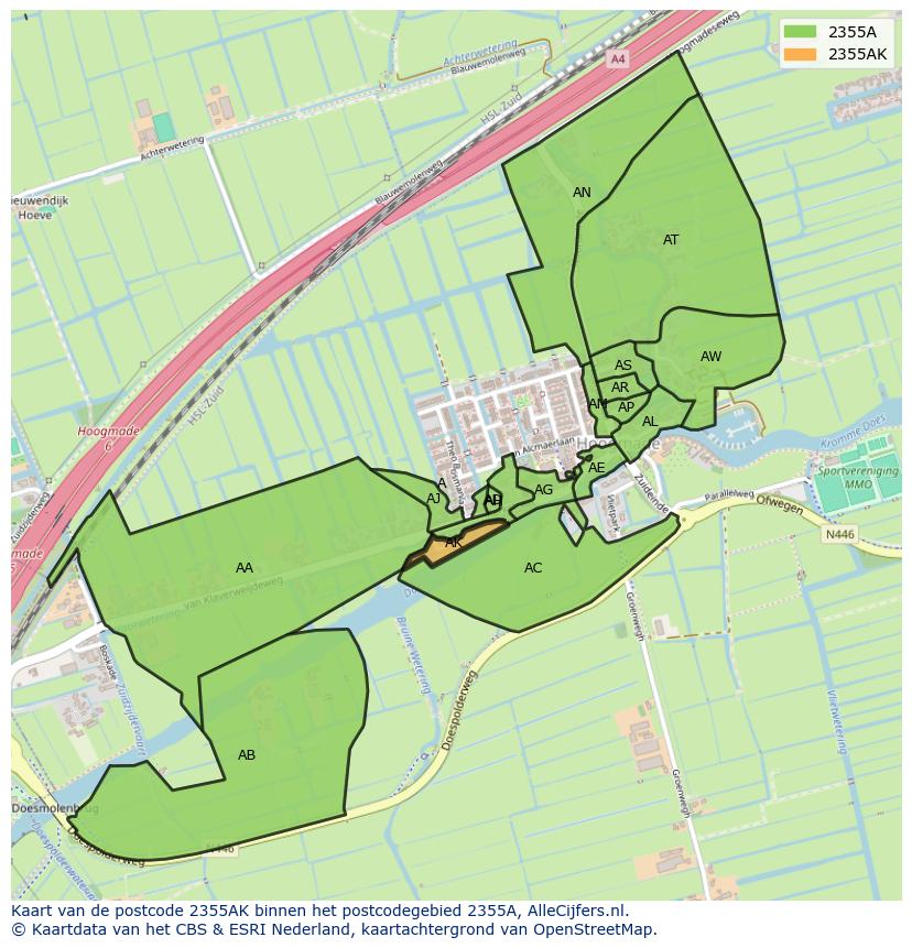Afbeelding van het postcodegebied 2355 AK op de kaart.