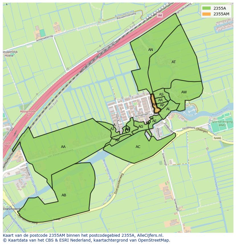 Afbeelding van het postcodegebied 2355 AM op de kaart.