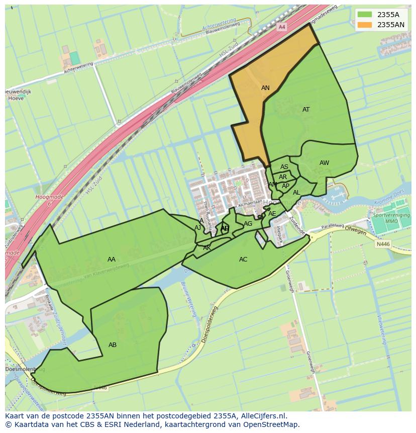 Afbeelding van het postcodegebied 2355 AN op de kaart.