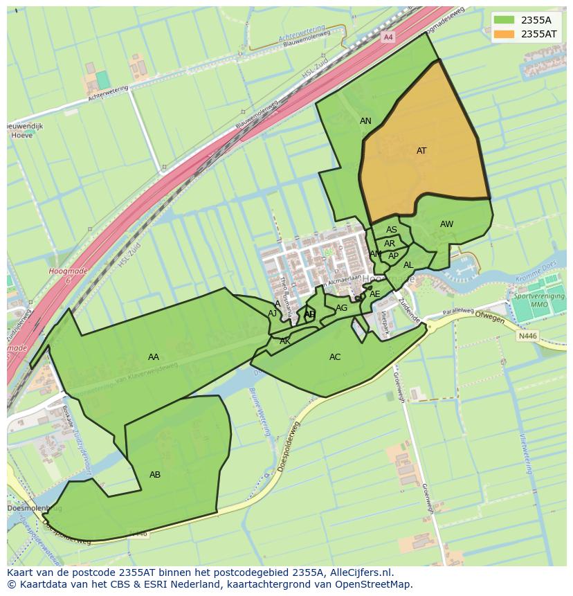 Afbeelding van het postcodegebied 2355 AT op de kaart.