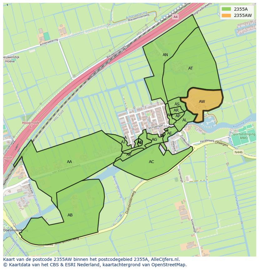 Afbeelding van het postcodegebied 2355 AW op de kaart.