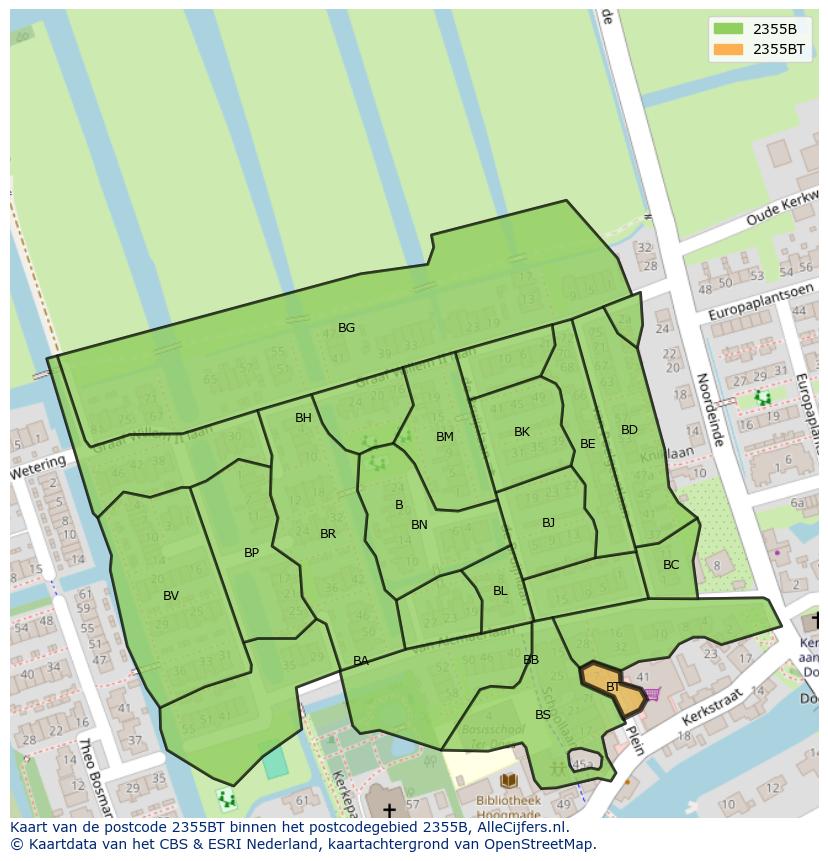 Afbeelding van het postcodegebied 2355 BT op de kaart.