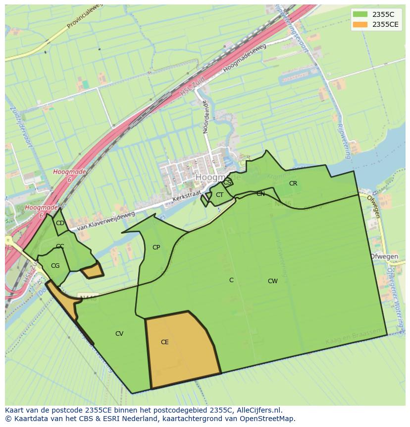 Afbeelding van het postcodegebied 2355 CE op de kaart.
