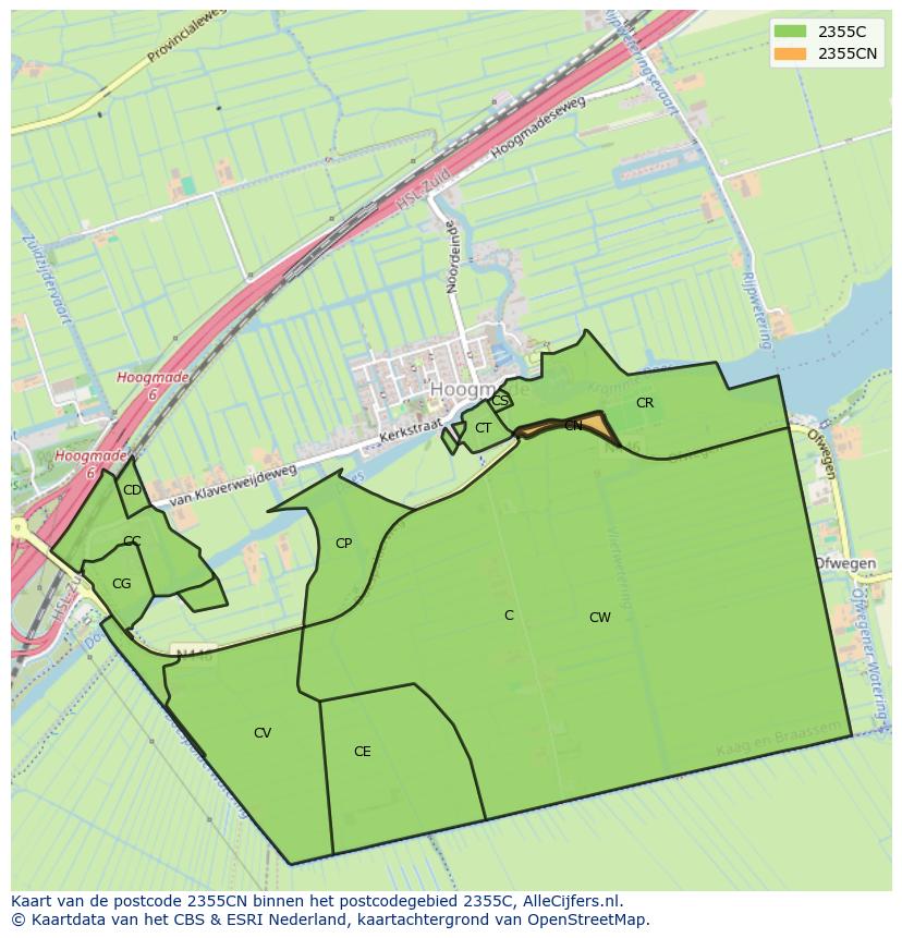 Afbeelding van het postcodegebied 2355 CN op de kaart.