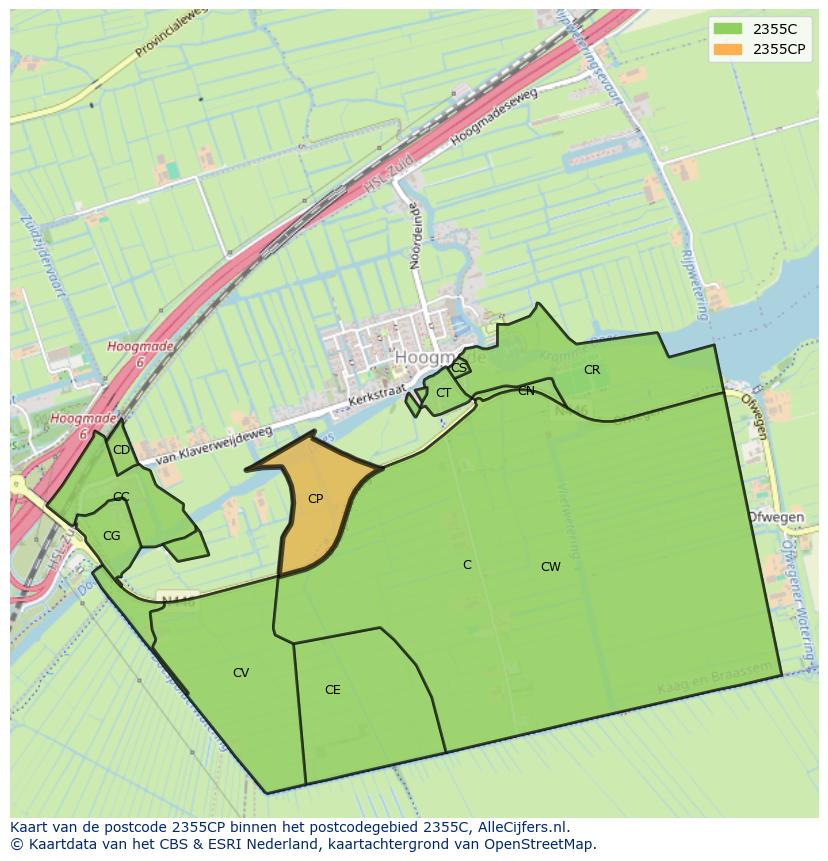 Afbeelding van het postcodegebied 2355 CP op de kaart.