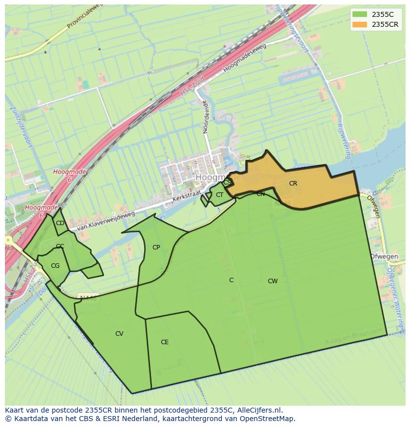 Afbeelding van het postcodegebied 2355 CR op de kaart.