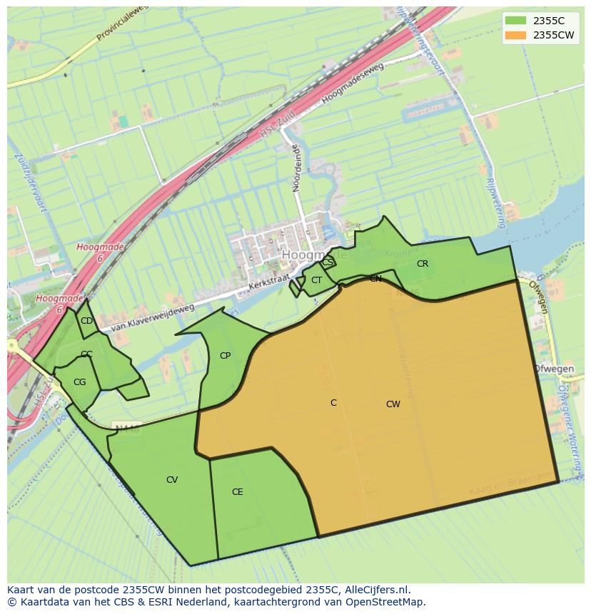 Afbeelding van het postcodegebied 2355 CW op de kaart.