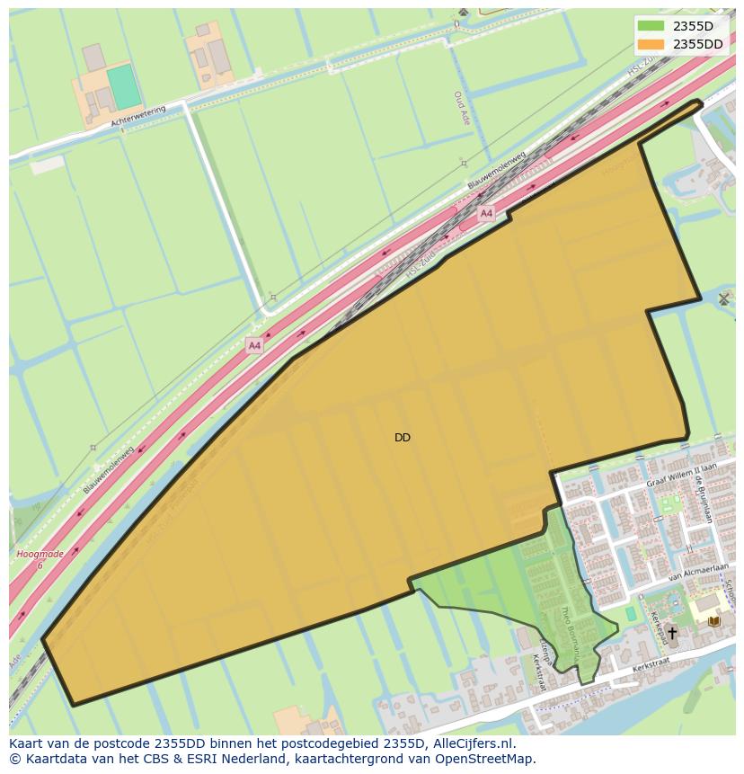 Afbeelding van het postcodegebied 2355 DD op de kaart.