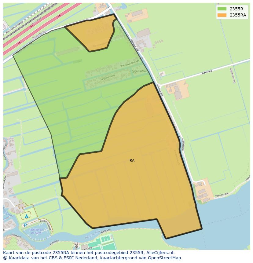 Afbeelding van het postcodegebied 2355 RA op de kaart.