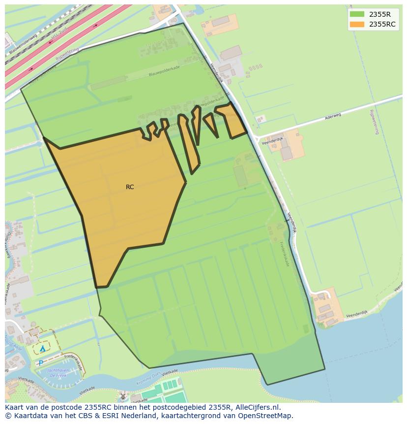Afbeelding van het postcodegebied 2355 RC op de kaart.