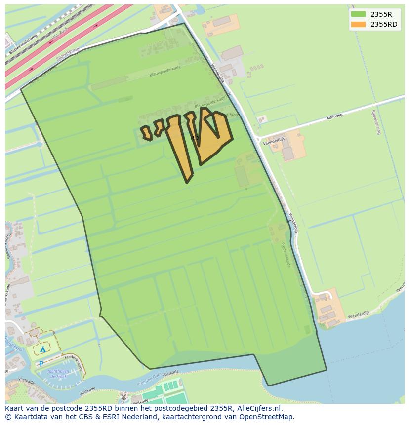 Afbeelding van het postcodegebied 2355 RD op de kaart.