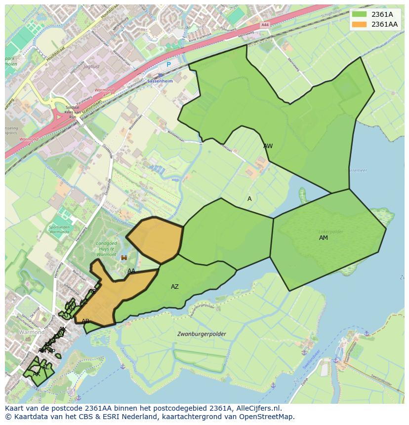 Afbeelding van het postcodegebied 2361 AA op de kaart.