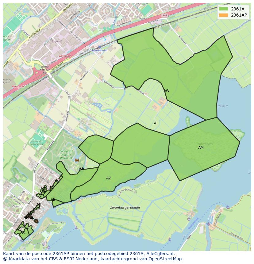 Afbeelding van het postcodegebied 2361 AP op de kaart.